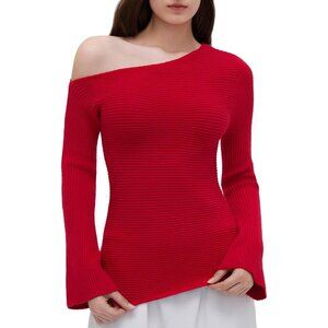 Women Off Shoulder Fall Sweater Slim 27-Red Ribbed Knit Long Sleeve Top Trendy